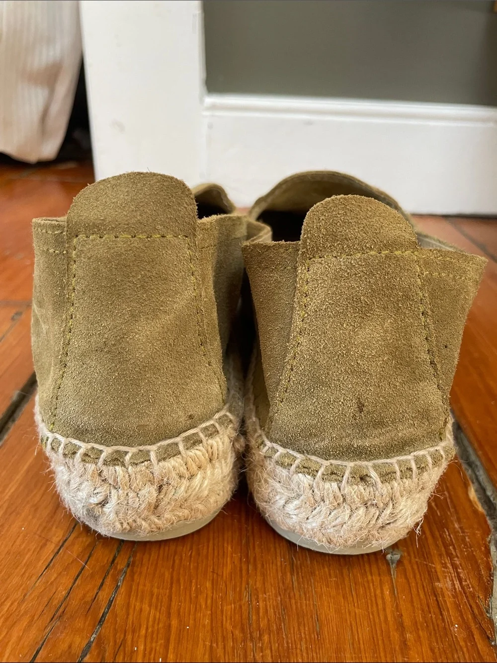 Manebi Olive Suede Espadrille Slip-Ons with Braided Jute Platform